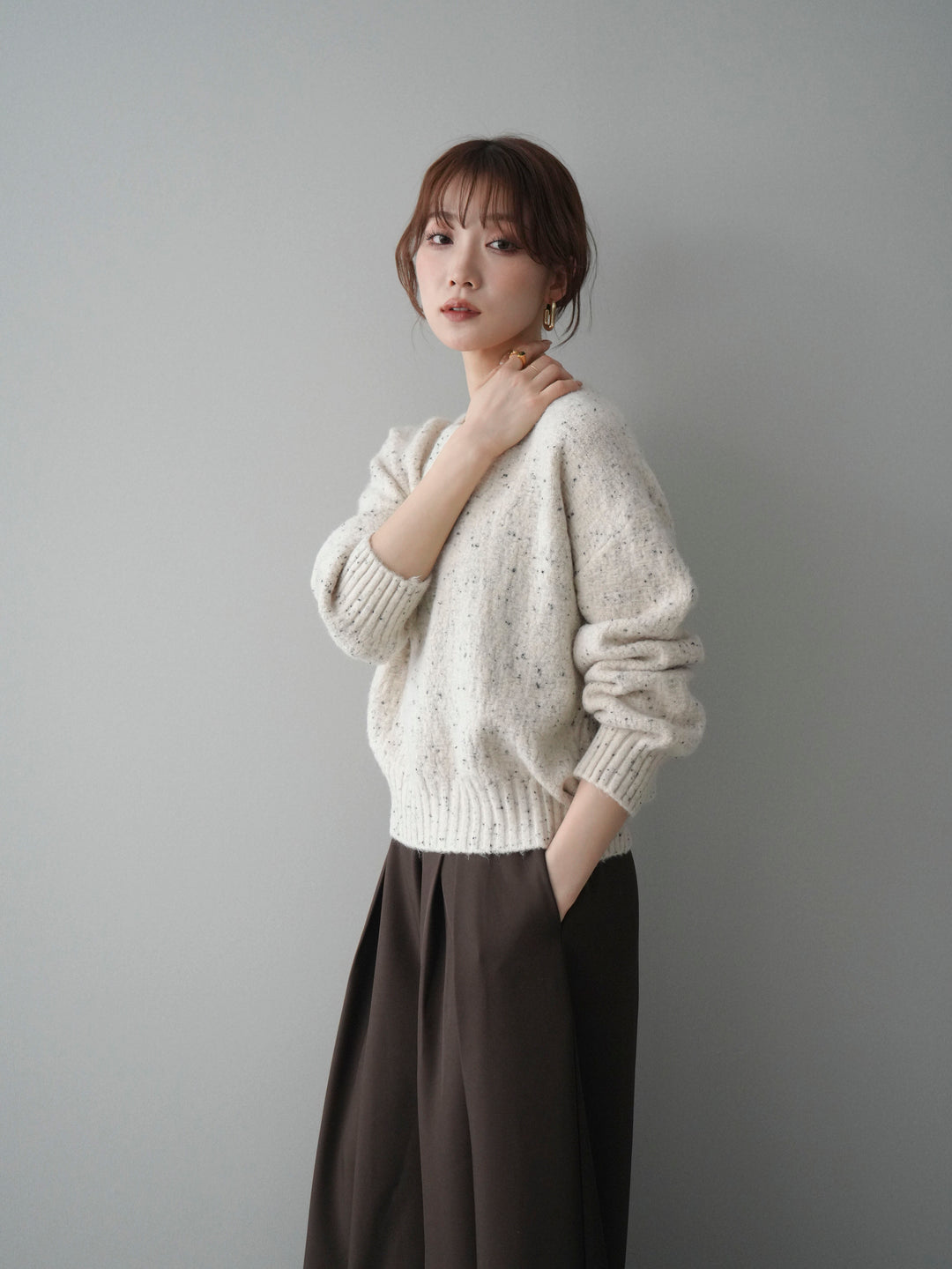 [予約]ツイストネックラメネップヤーンニットプルオーバー/ivory