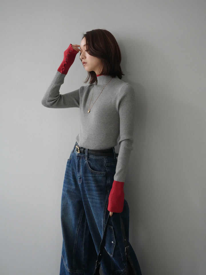 [予約]袖ボタンハイネック配色リブニットトップス/gray