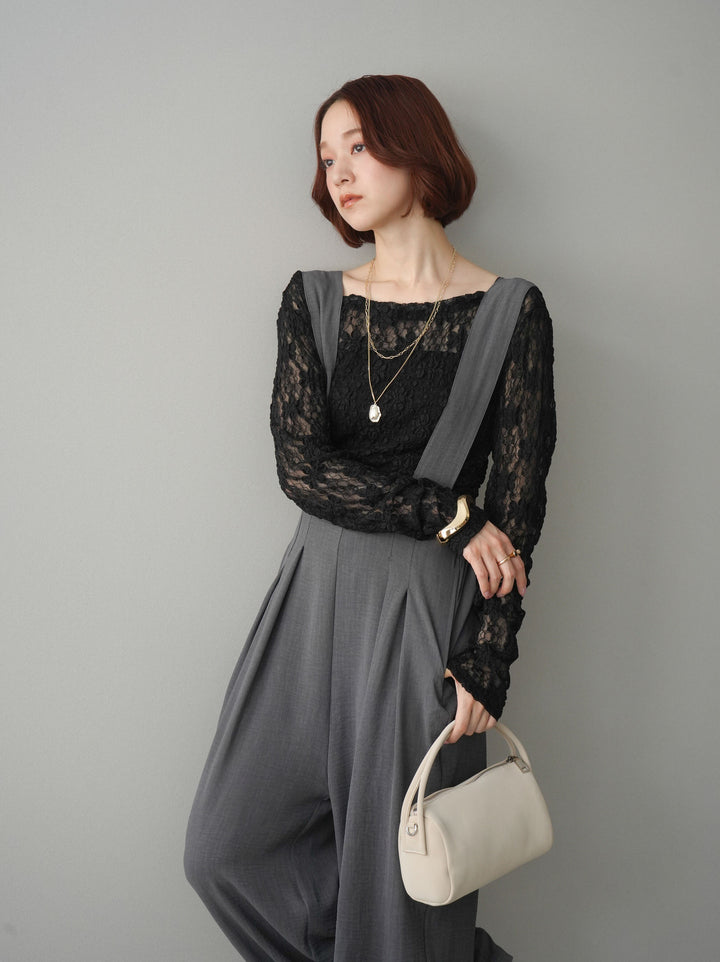 [SET]サイドギャザーレーストップス+シボ加工ハイウエストタックサロペット(2set)