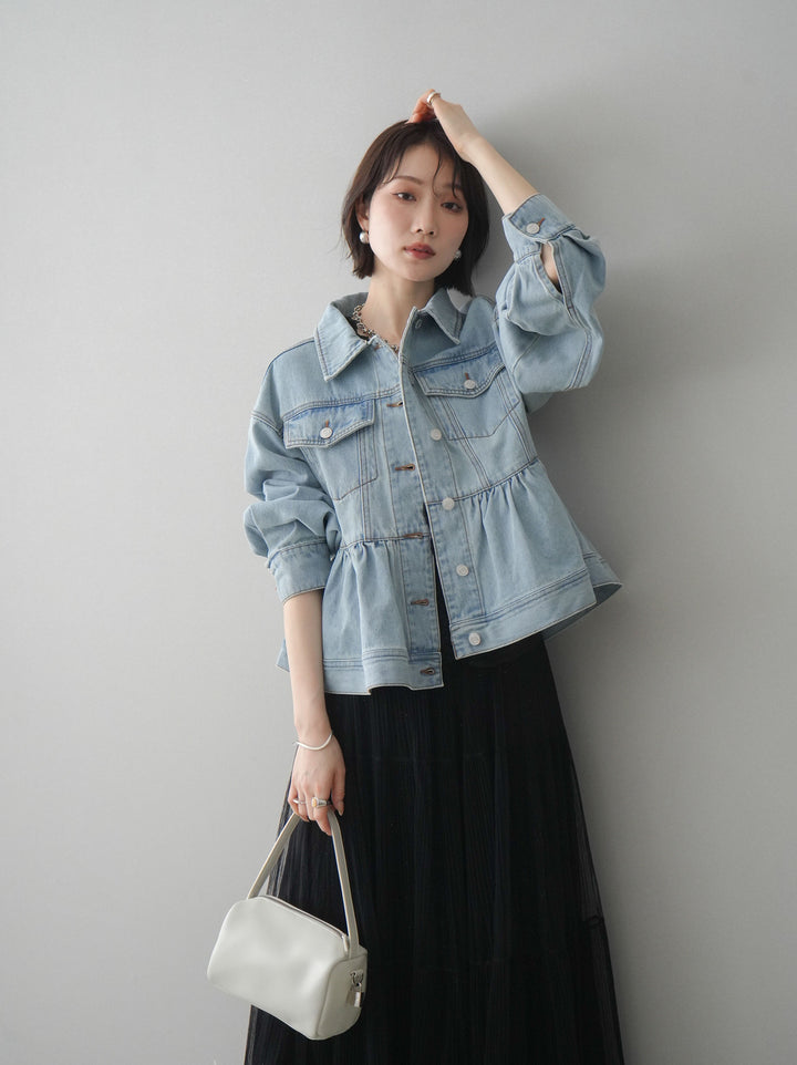 【套裝】荷葉邊牛仔外套+無袖緞面蕾絲吊帶背心+亮片褶皺多層薄紗長裙（三件套）