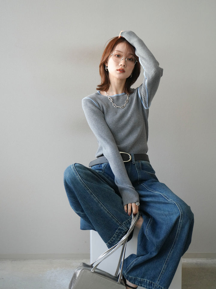 [予約]バイカラークルーネックリブニットトップス/gray