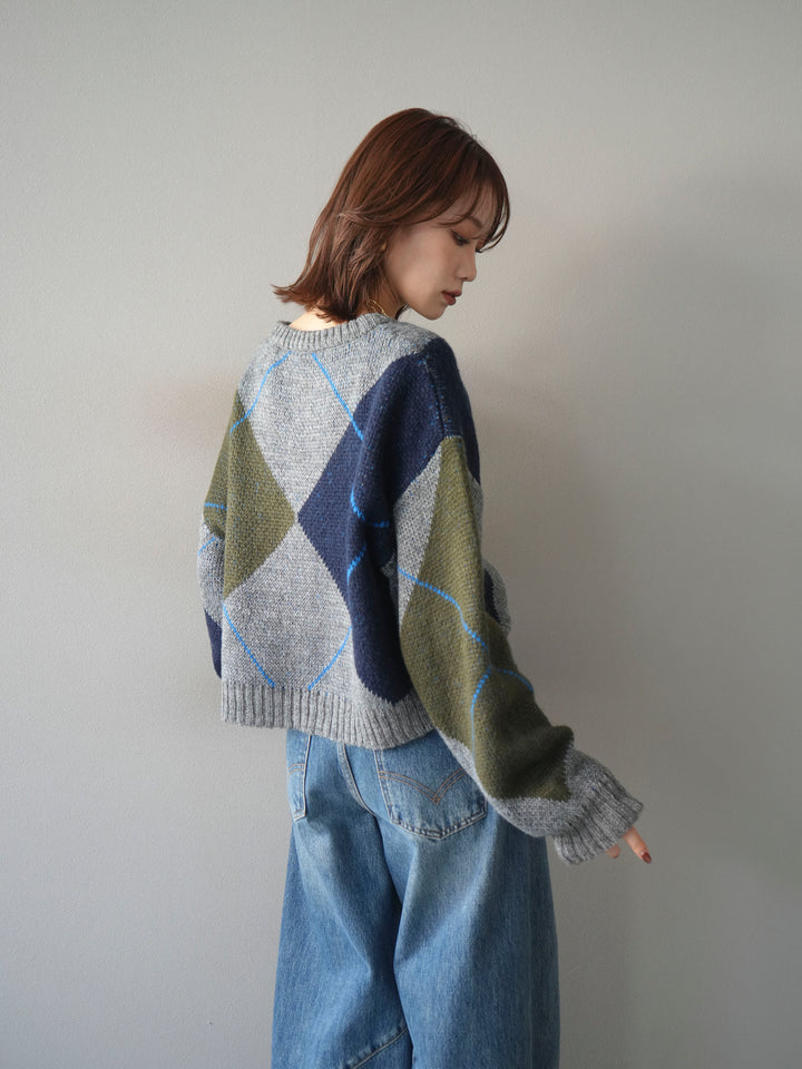 [SET]配色ステッチアーガイル柄ニットプルオーバー+選べるアクセセット(2set)