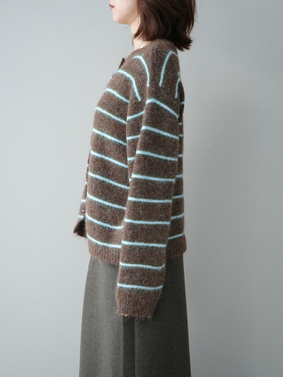 [予約]ボーダーシャギーニットカーディガン/brown