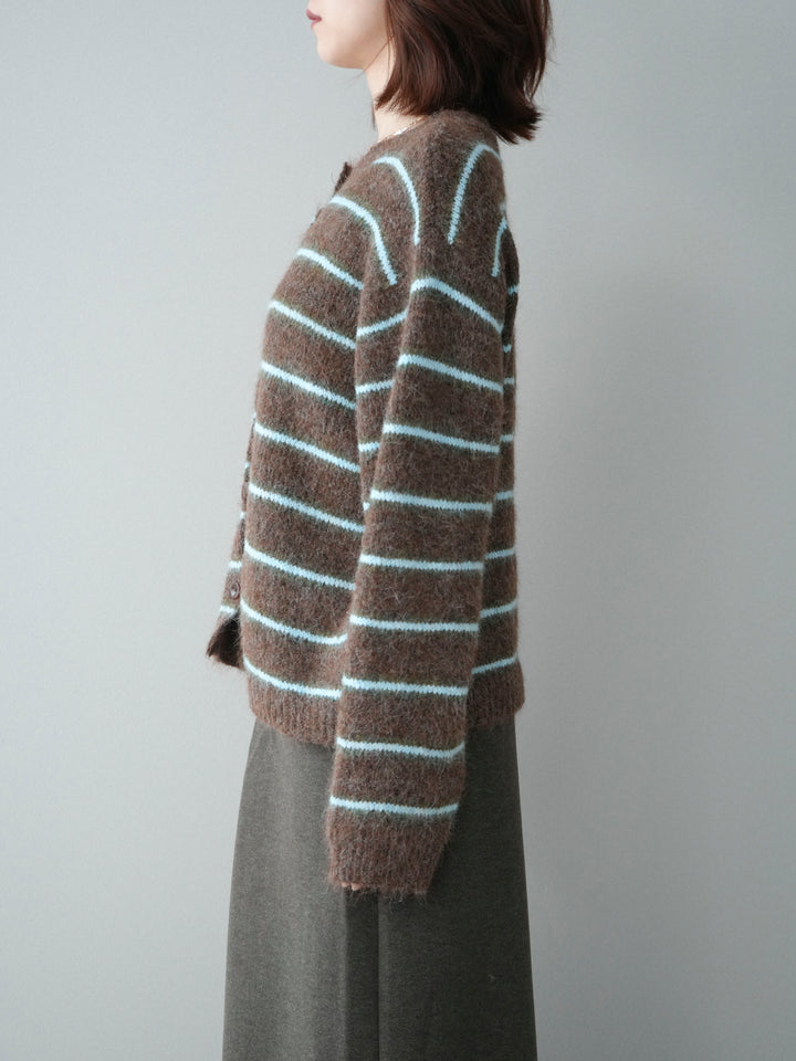 [予約]ボーダーシャギーニットカーディガン/brown