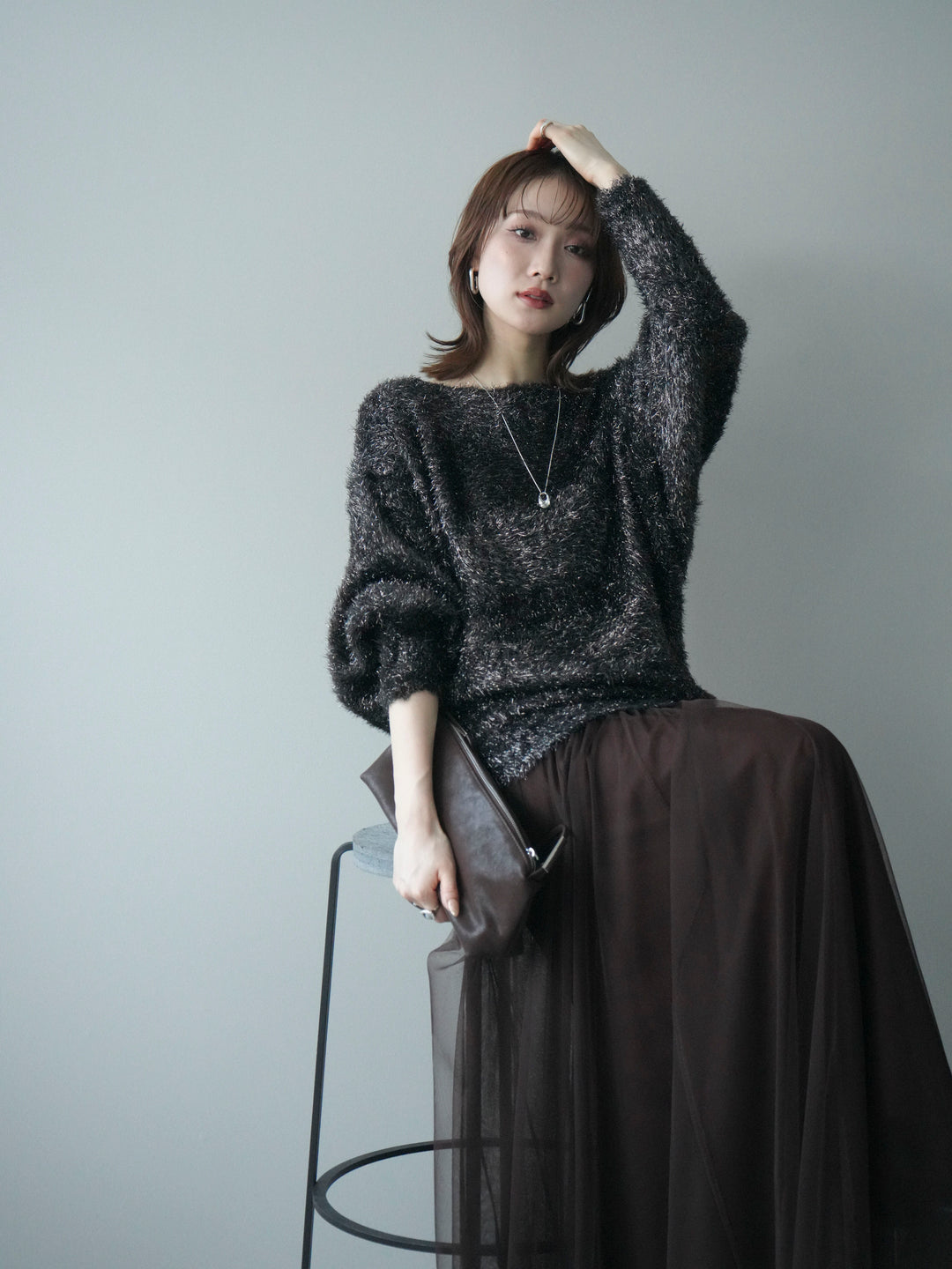 [予約]ラメシャギードルマンニットプルオーバー/brown