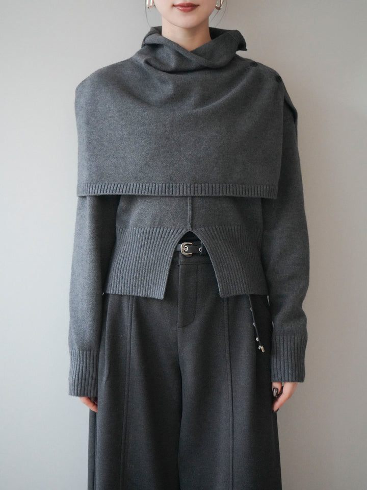 [予約]フロントスリットネックアンサンブルニット/charcoal
