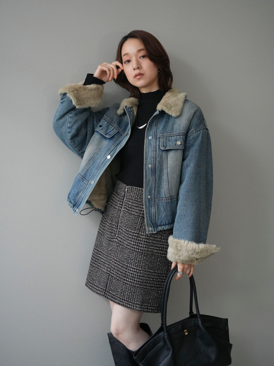 [予約]デニム×ファーステンカラーショートジャケット/lightblue