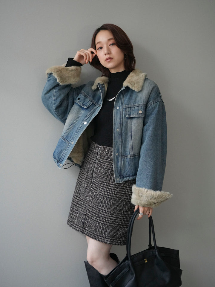 [予約]デニム×ファーステンカラーショートジャケット/lightblue