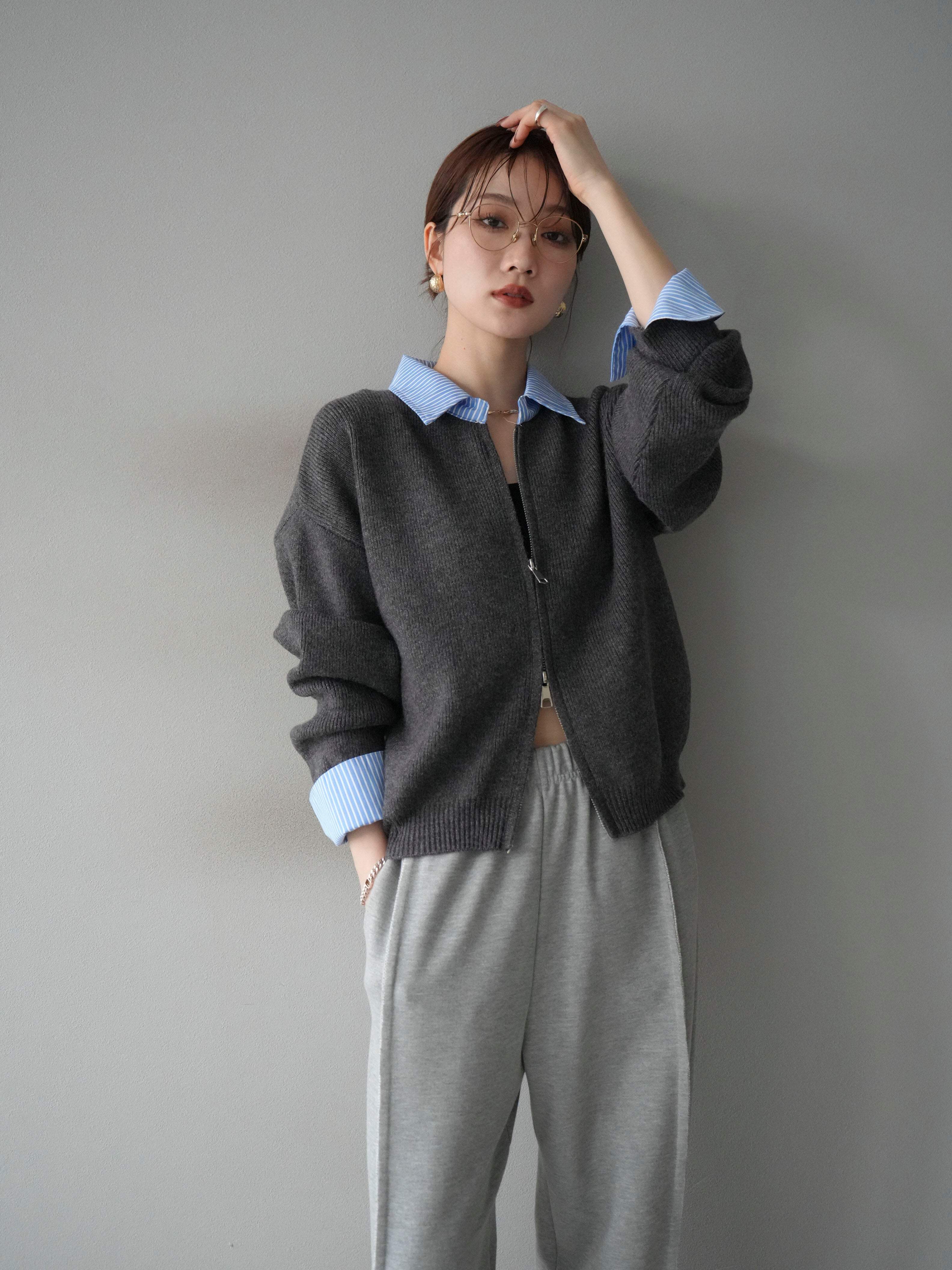 SET]ストライプシャツレイヤードZIPニットカーディガン+ストライプ