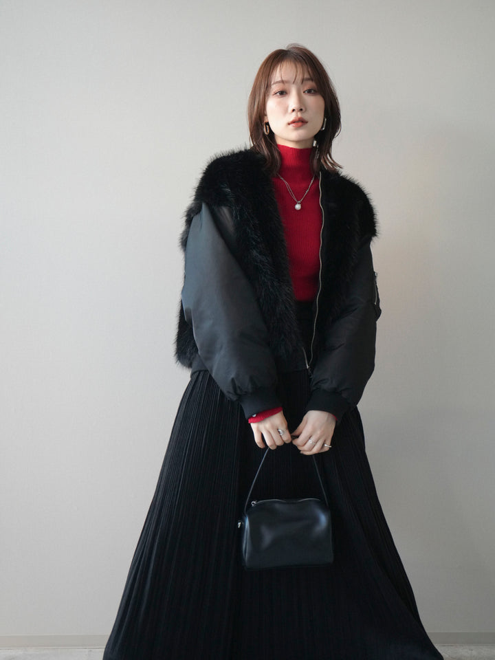 [SET]ファードッキングMA-1+袖ボタンボトルネックリブニットトップス(2set)