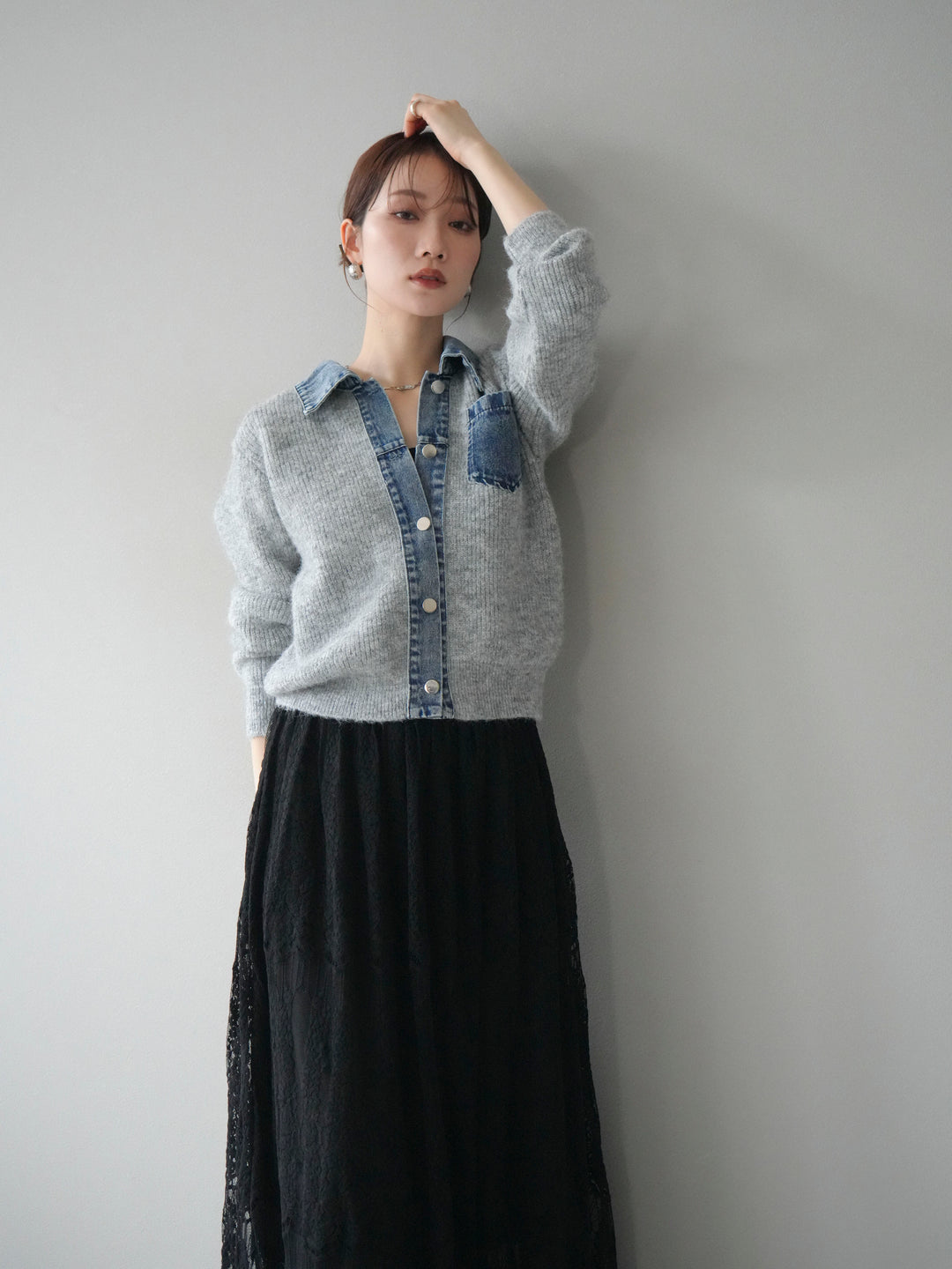 [予約]デニム襟ポケットニットカーディガン/gray