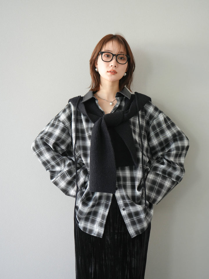 [SET]レザー襟オンブレチェックオーバーシャツ +クラッシュベロアナロースカート(2set)