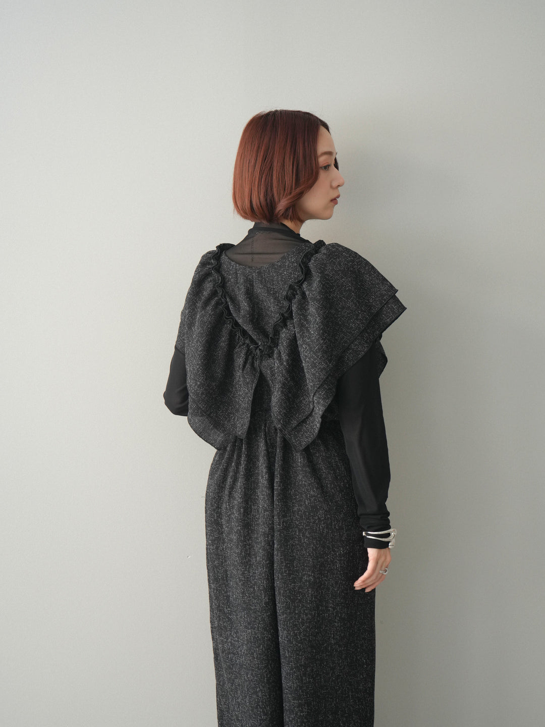 [SET]3WAYミックスツイードギャザーオールインワン+シアープチネックストレッチトップス(2set)