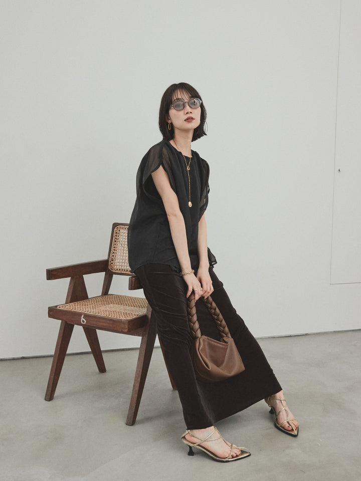 [SET] 緊湊光滑透視層疊上衣 + 天鵝絨低腰裙 (2set)