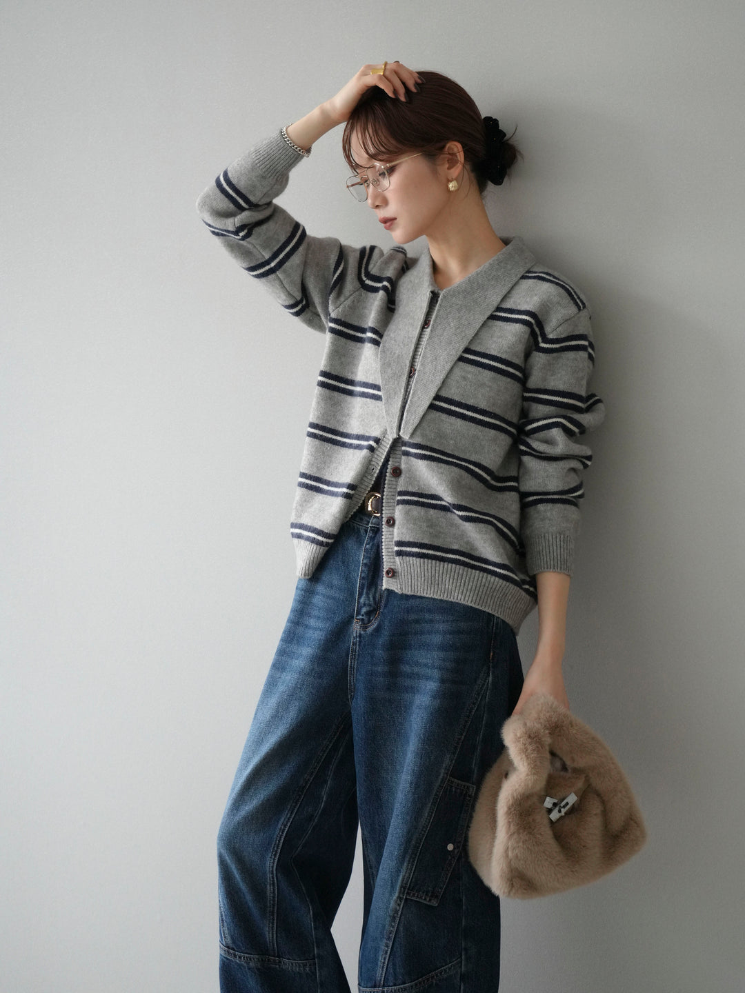 [予約]ボウタイボーダーニットカーディガン/gray