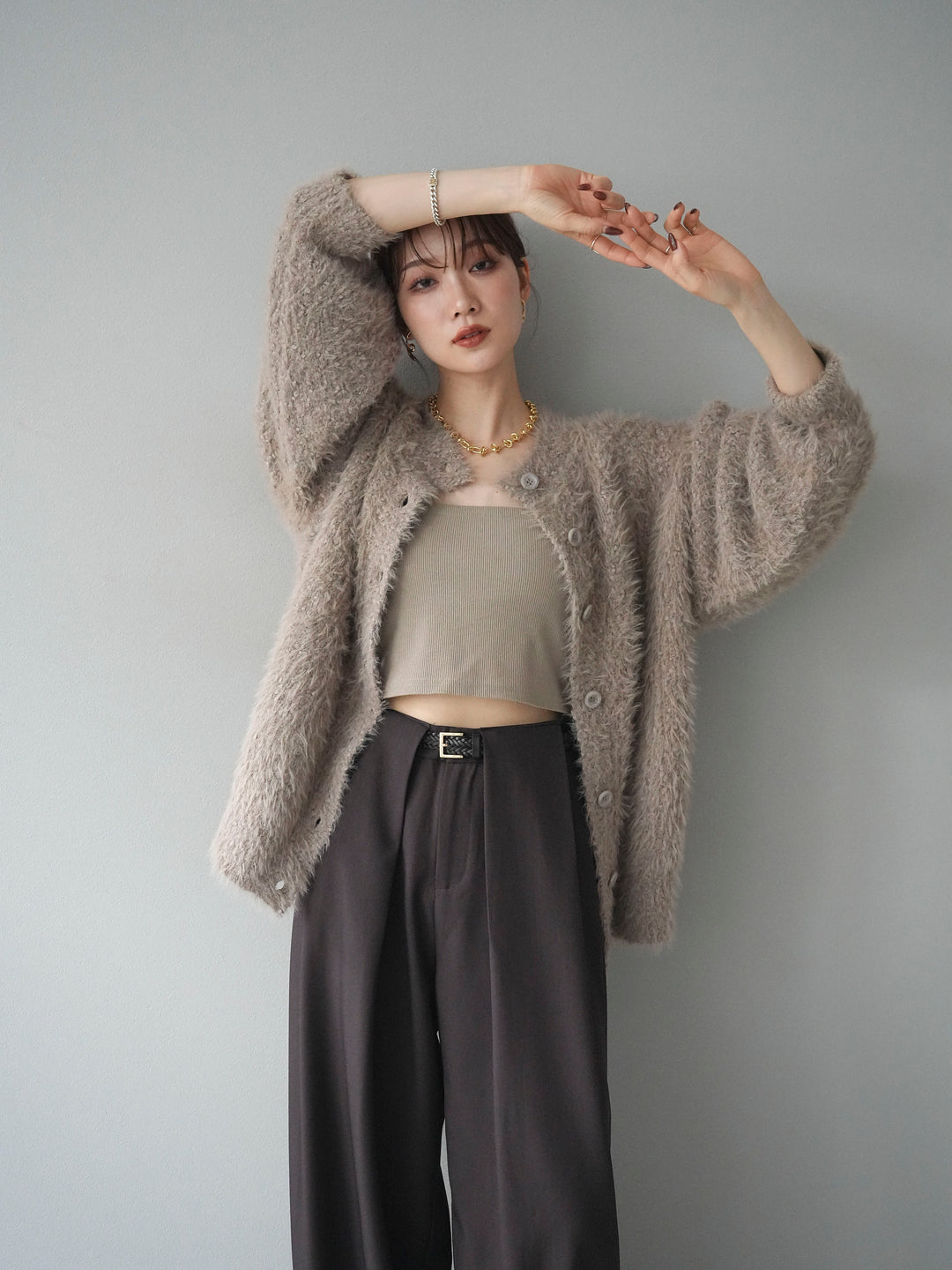 [予約]クルーネックランダムシャギーカーディガン/グレージュ