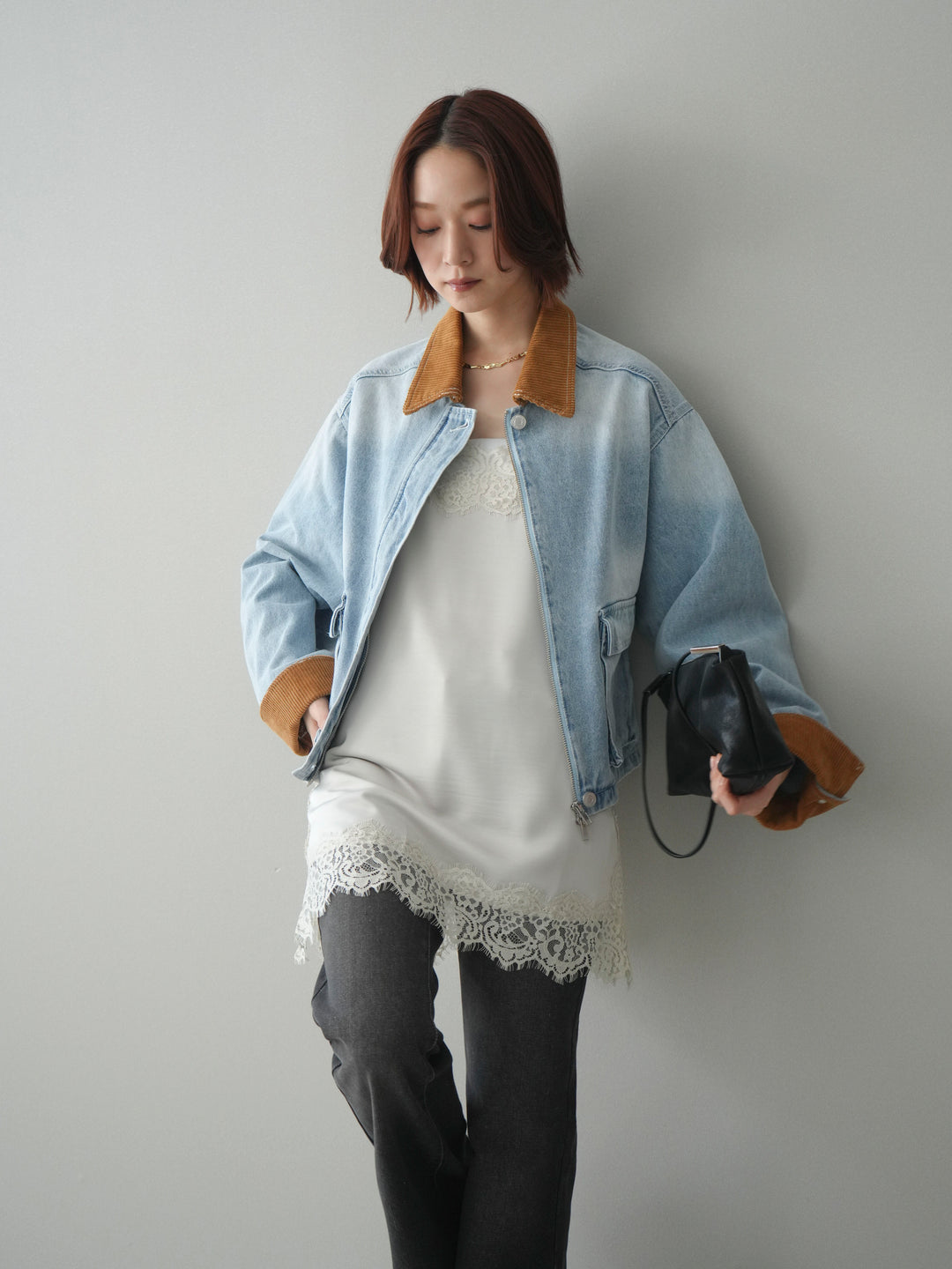 [予約]コーデュロイ×デニムショートカバーオール/bleach