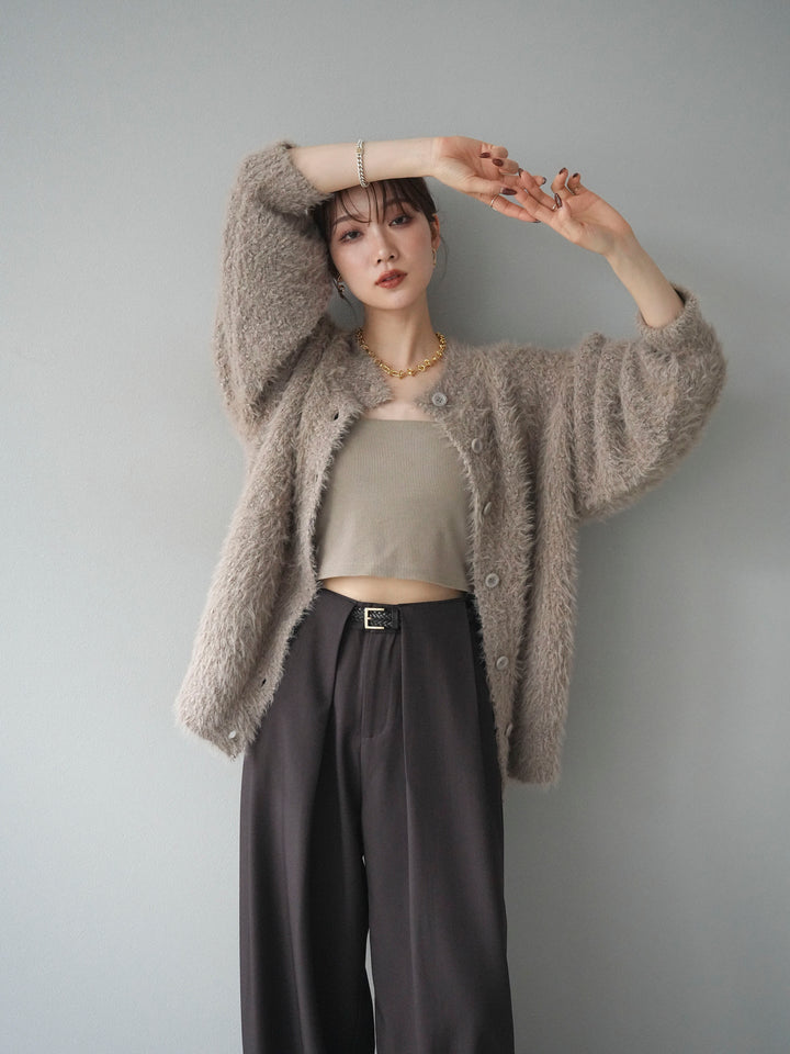 [SET]クルーネックランダムシャギーカーディガン+ベルトループデザインワイドパンツ(2set)