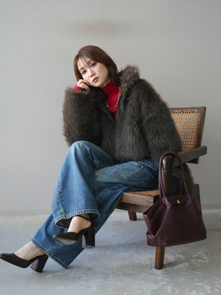 [予約]フェイクファーショートZIPジャケット/brown