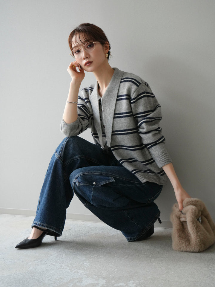 [予約]ボウタイボーダーニットカーディガン/gray