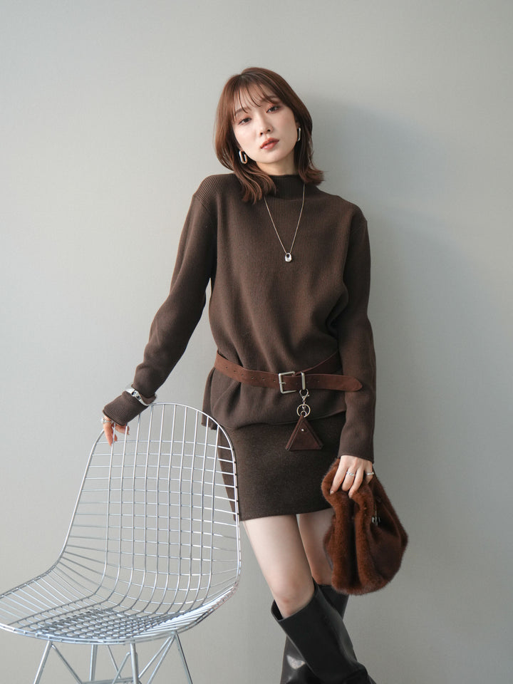 [予約]ボトルネック裾カールリブニットトップス/brown