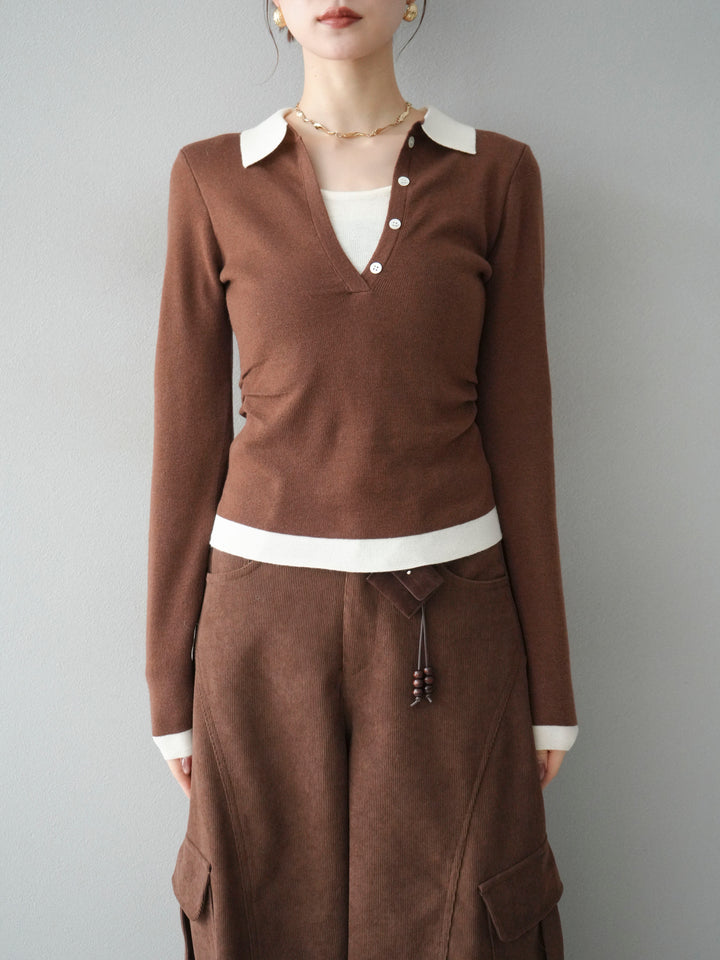 [予約]レイヤード配色ポロニットトップス/brown