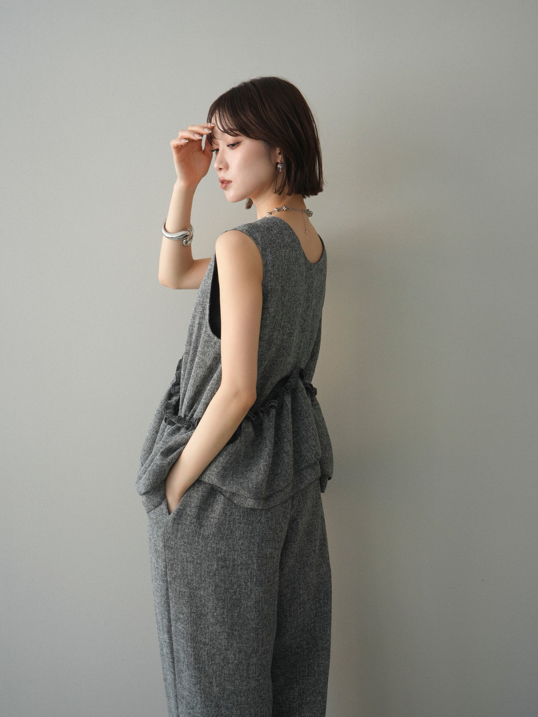 [SET]3WAYミックスツイードギャザーオールインワン+選べるアクセセット(2set)