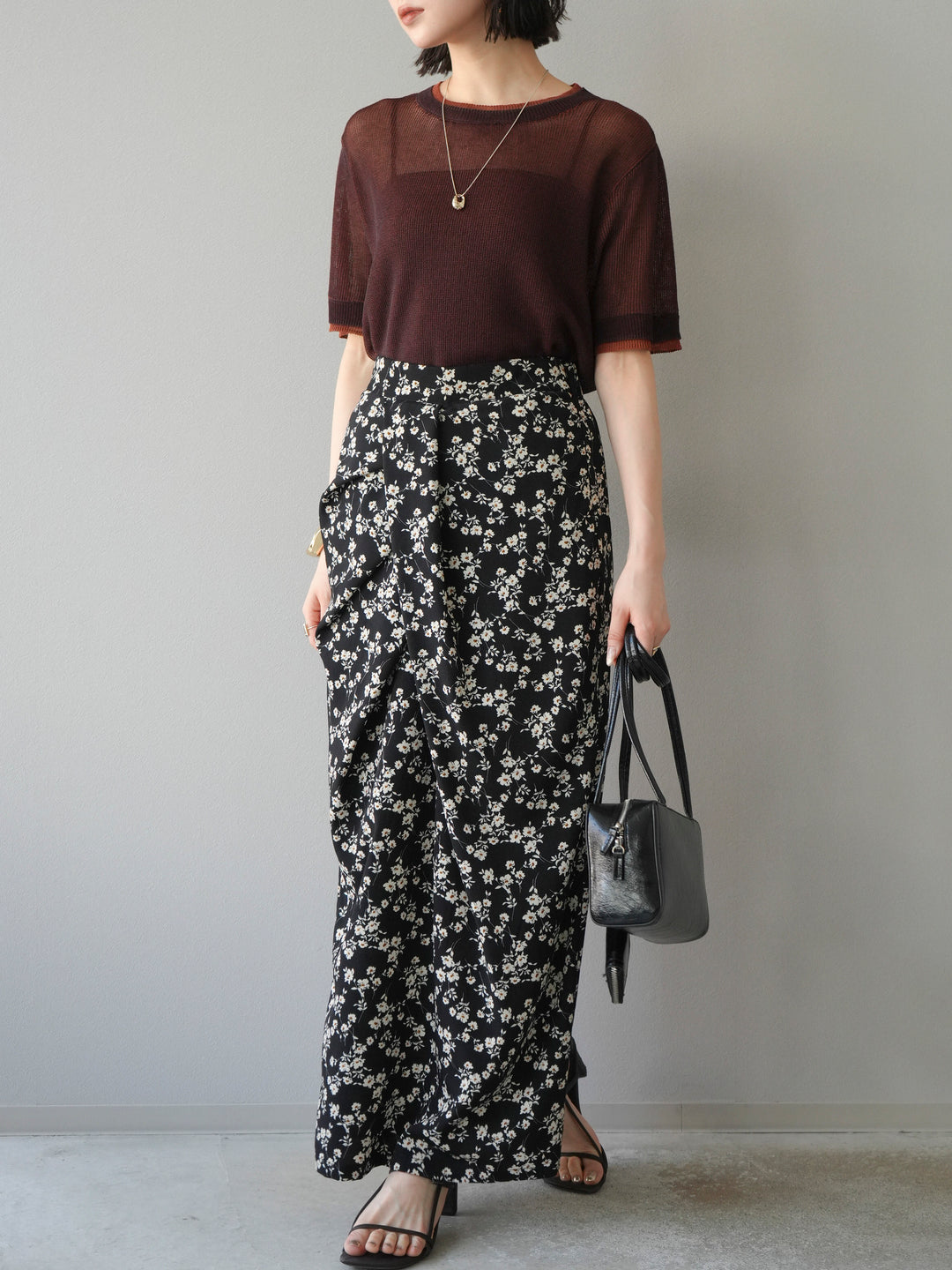 [SET]リネンタッチ配色二重臼ハーフニットトップス+選べるアソート柄スカートセット(2set)