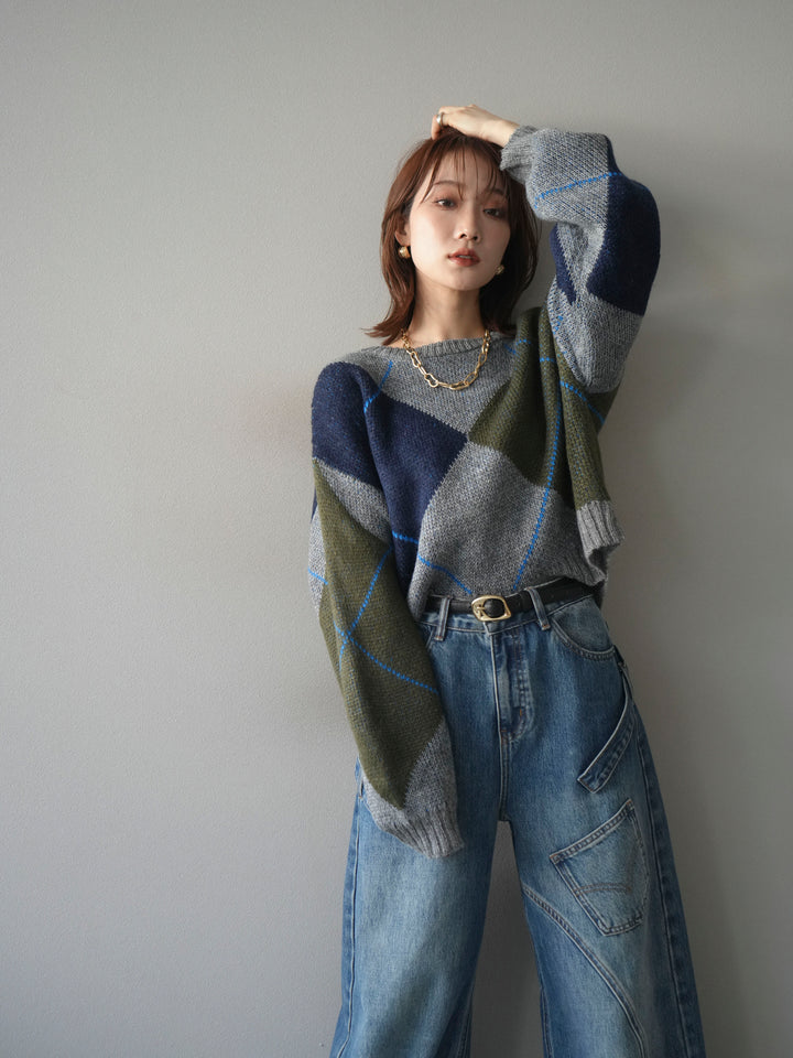 [SET]配色ステッチアーガイル柄ニットプルオーバー+ペインターカーブデニムパンツ(2set)