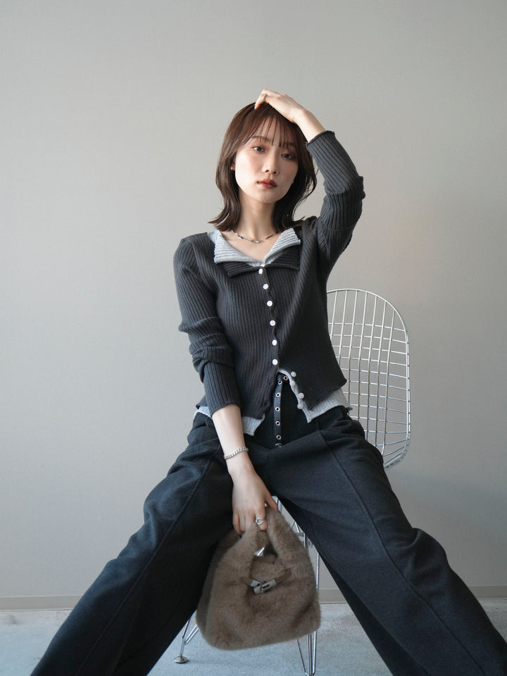 [予約]配色レイヤードリブニットカーディガン/charcoal