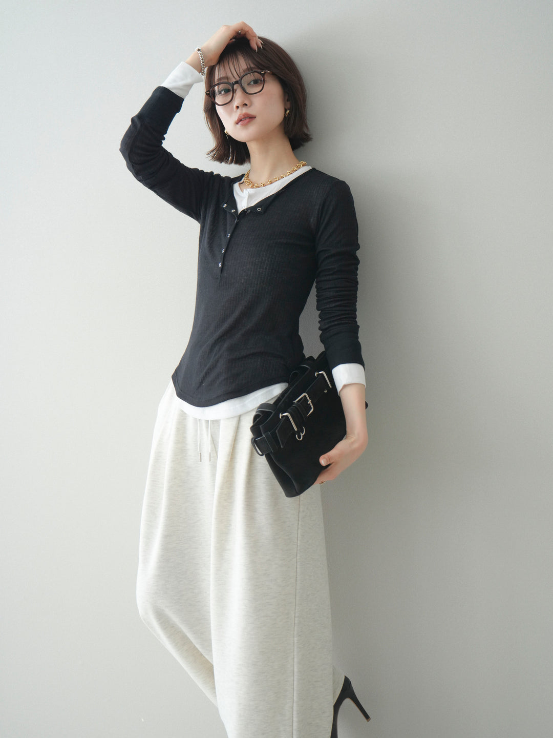 [予約]シアーリブヘンリーネックロンT/black