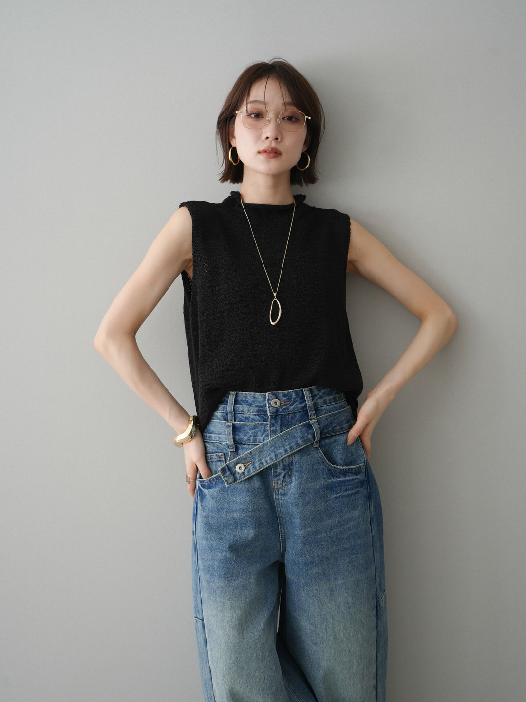 [予約]ノースリーブリネンタッチシアーニットプルオーバー/black