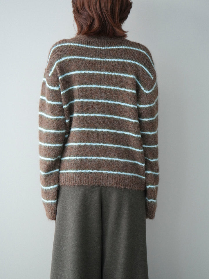 [予約]ボーダーシャギーニットカーディガン/brown