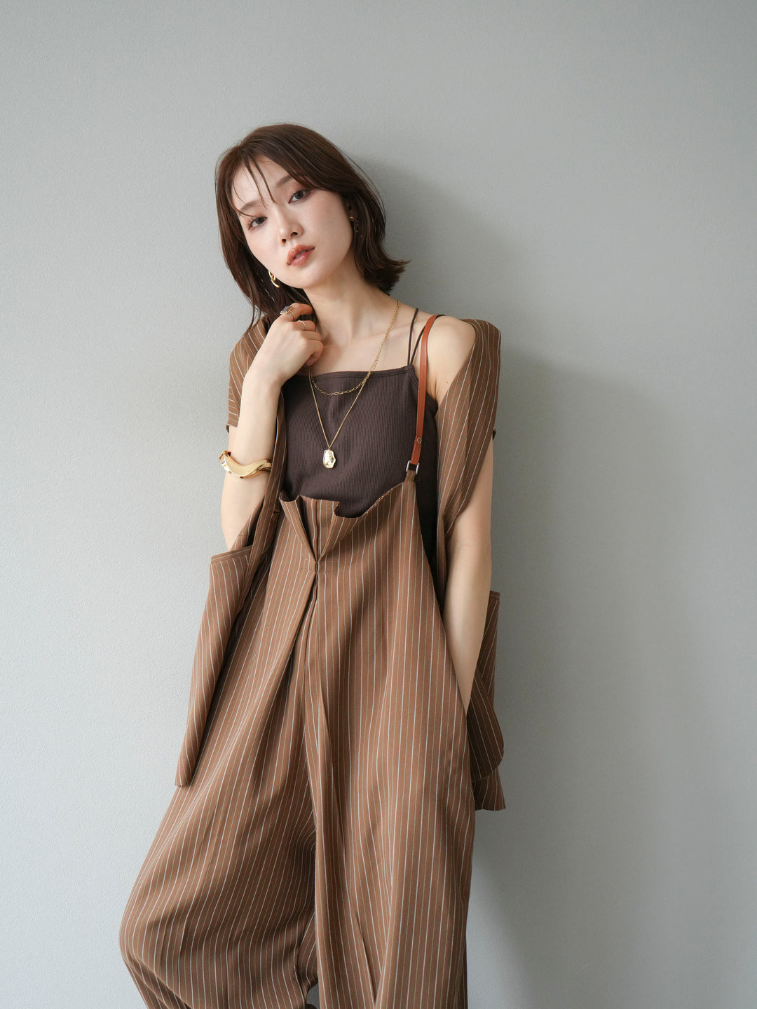 【着回しセット】[SET]ヘリンボーンストライプジレ+シアー切替ベロアトップス+ヘリンボーンストライプサロペット(3set)