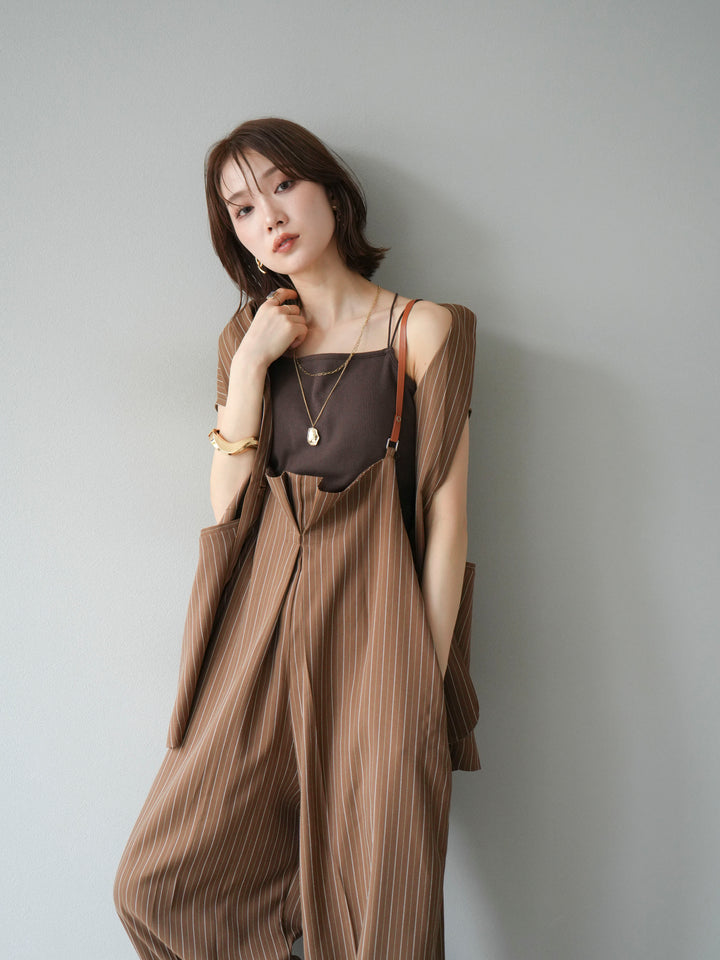 【着回しセット】[SET]ヘリンボーンストライプジレ+シアー切替ベロアトップス+ヘリンボーンストライプサロペット(3set)