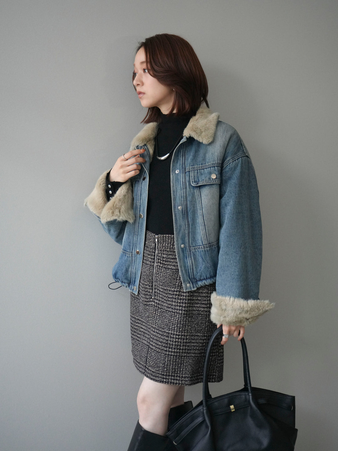 [予約]デニム×ファーステンカラーショートジャケット/lightblue