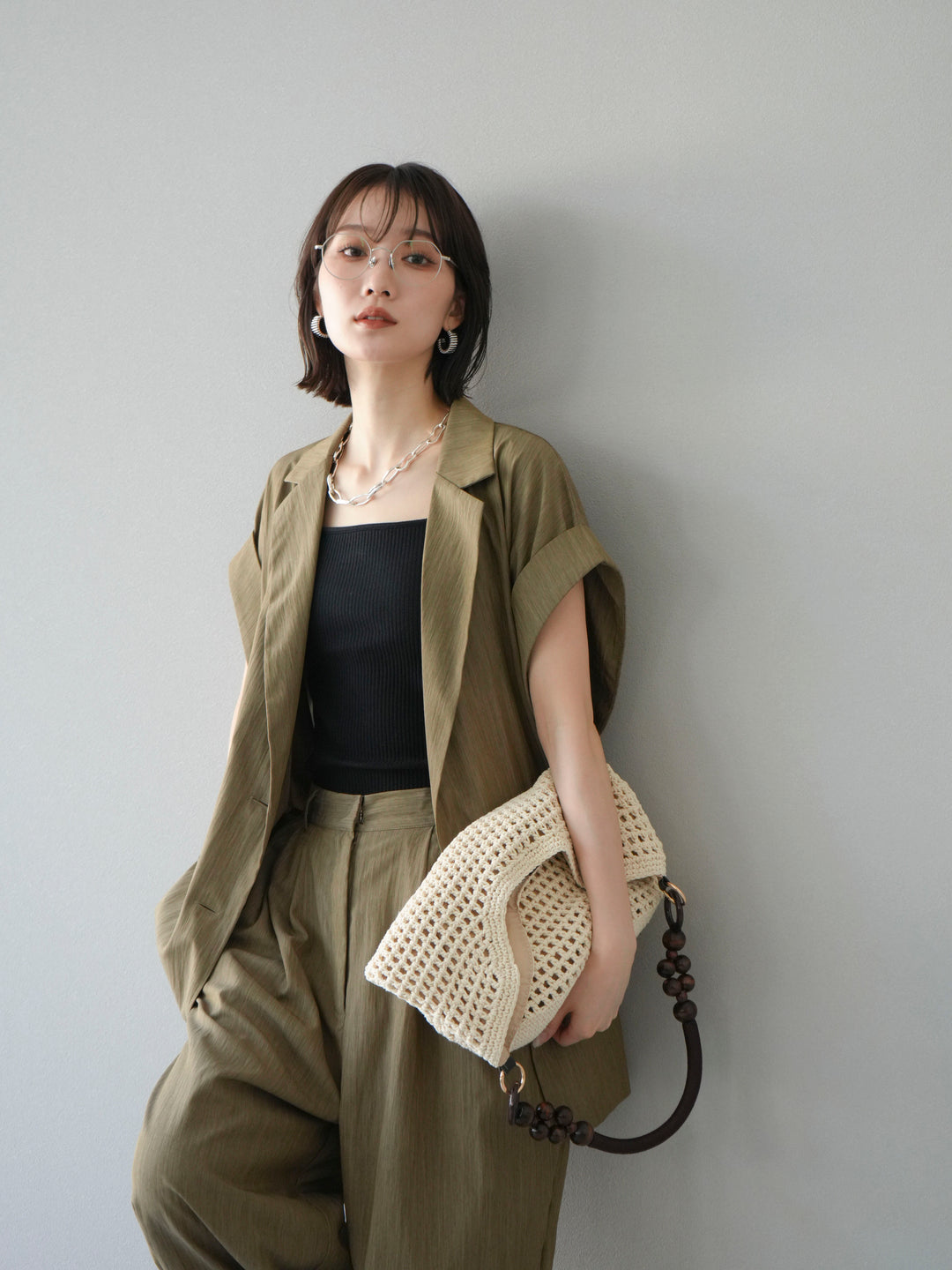 [套裝] 亞麻風格無袖雙背心 + 雙肩帶剪裁羅紋胸罩吊帶背心（2 件套）