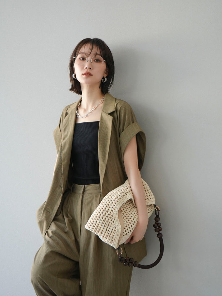 [套裝] 亞麻風格無袖雙背心 + 雙肩帶剪裁羅紋胸罩吊帶背心（2 件套）