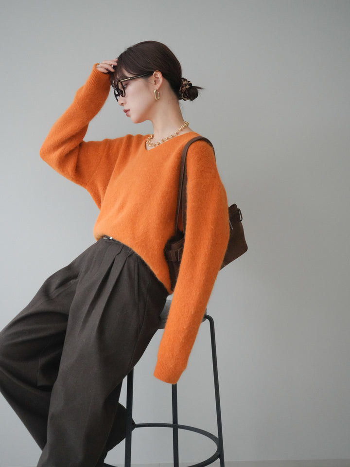 [予約]シュシュ付きアンゴラタッチVネックニットプルオーバー/orange