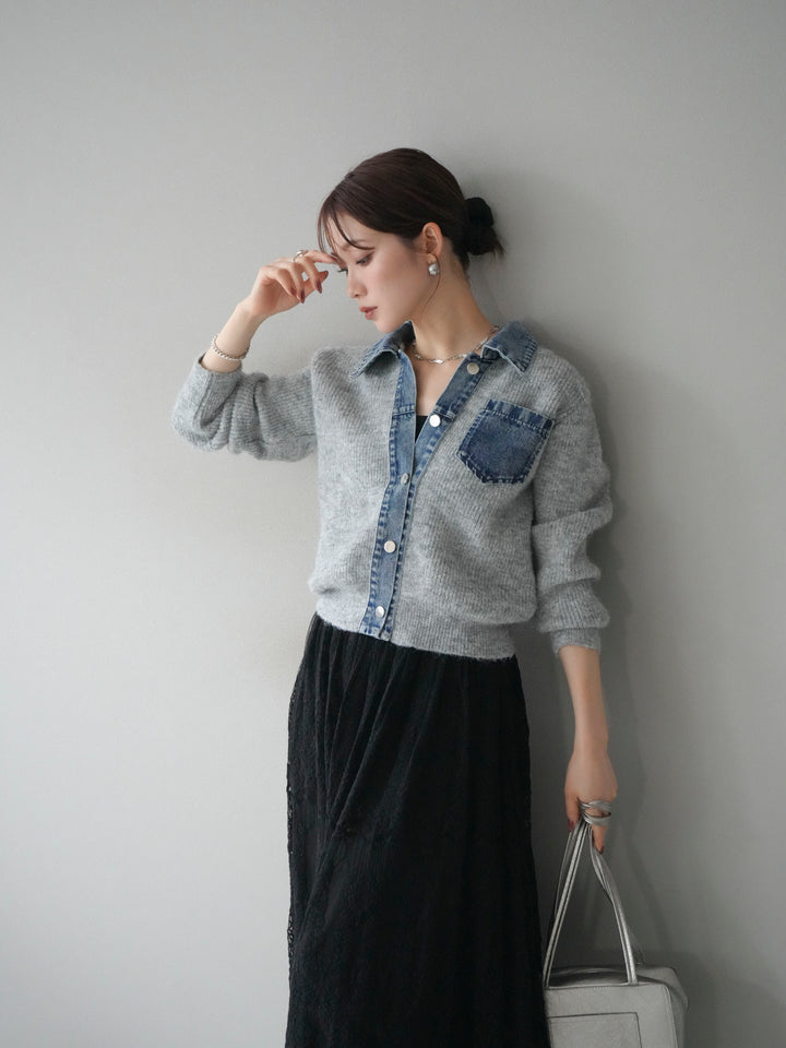 [予約]デニム襟ポケットニットカーディガン/gray