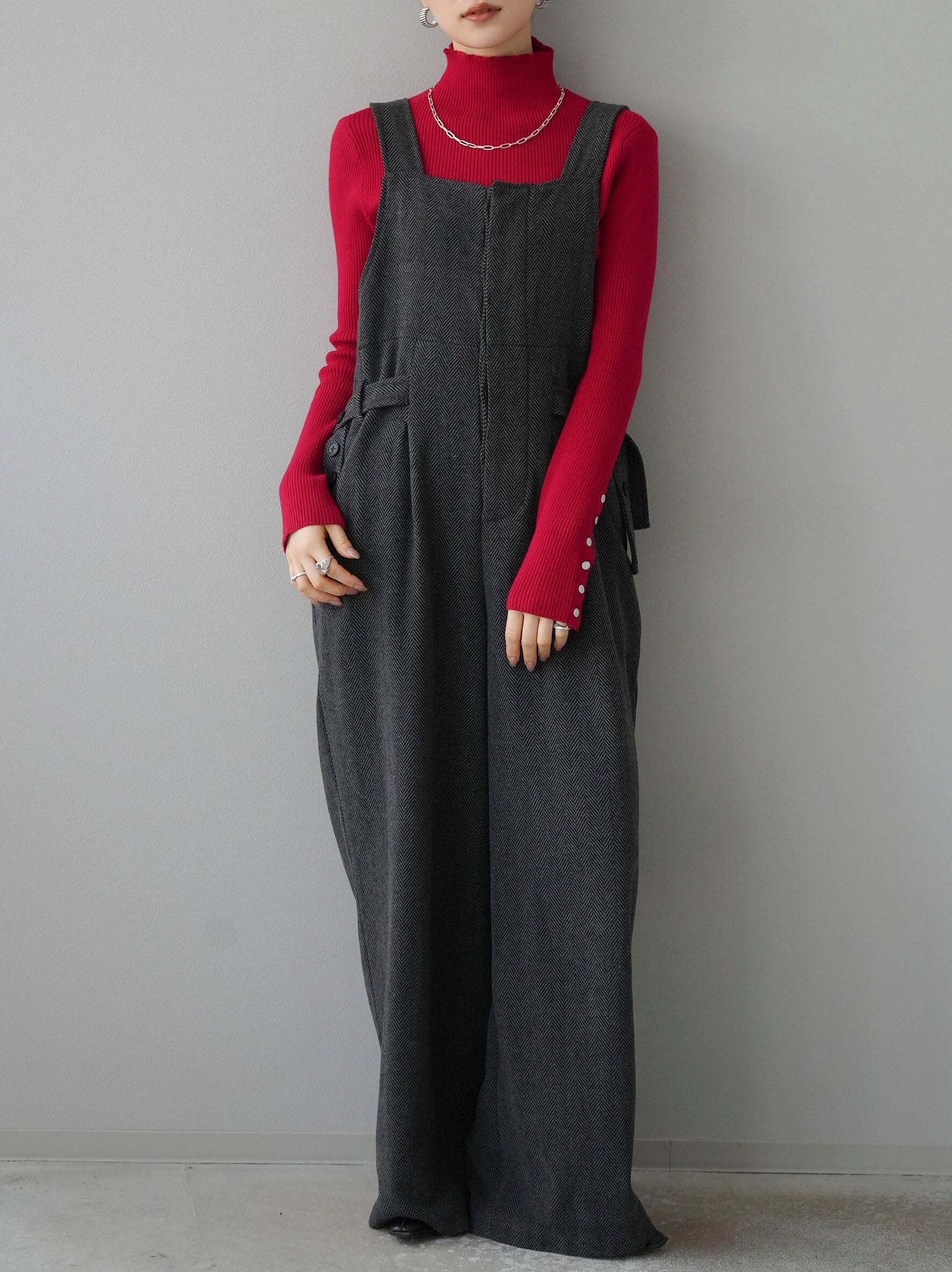 予約]袖ボタンハイネックリブニットトップス/レッド – Lumier