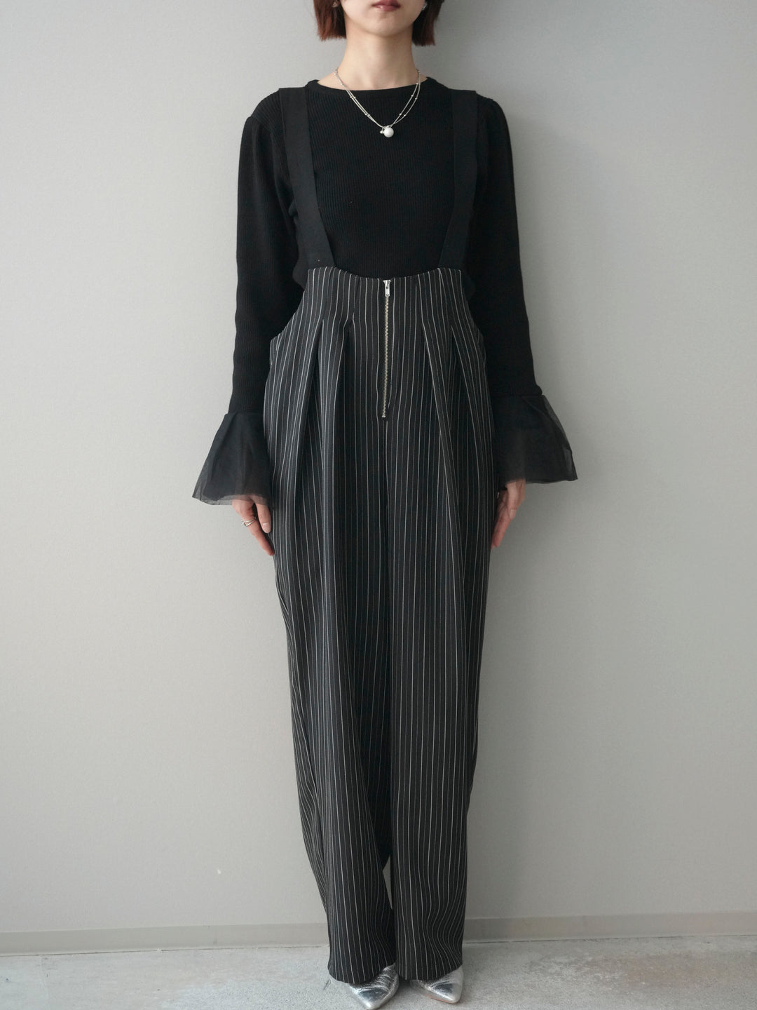 [予約]グログランテープストライプサロペット/black