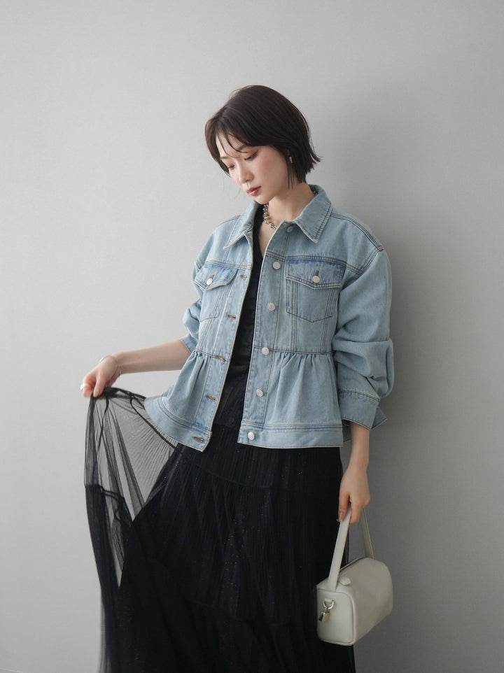 【套裝】荷葉邊牛仔外套+無袖緞面蕾絲吊帶背心+亮片褶皺多層薄紗長裙（三件套）