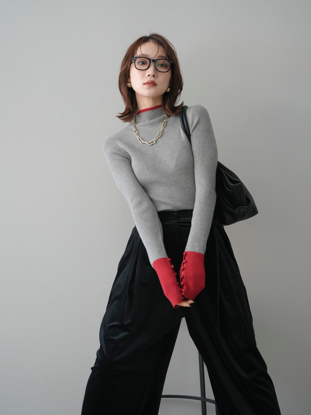 [SET]袖ボタンハイネック配色リブニットトップス+ベロアベルトスリムパンツ(2set)