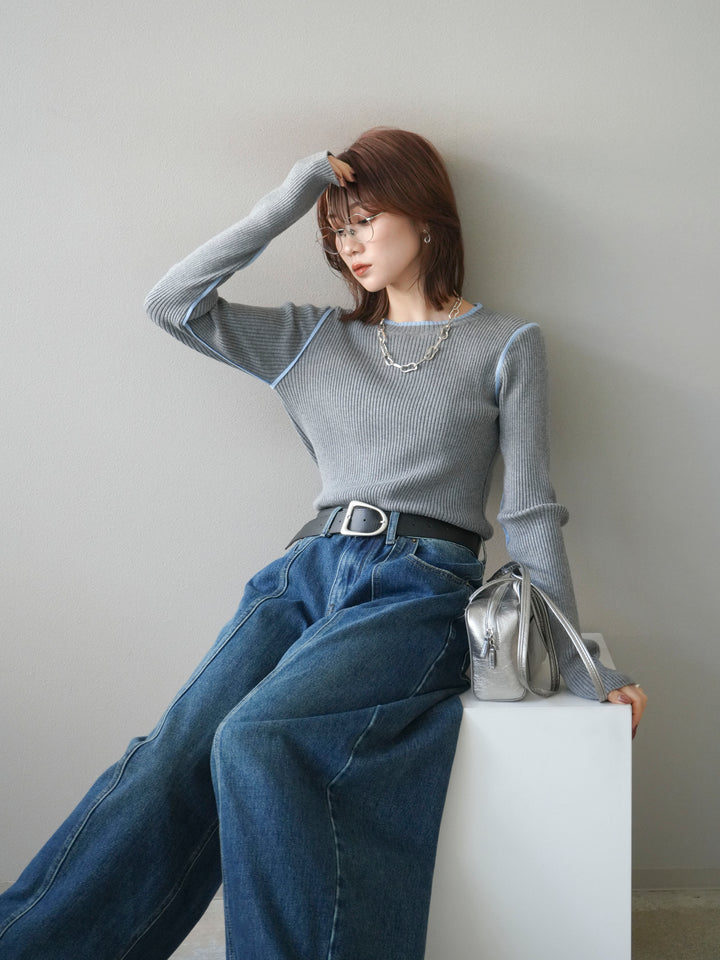 [予約]バイカラークルーネックリブニットトップス/gray
