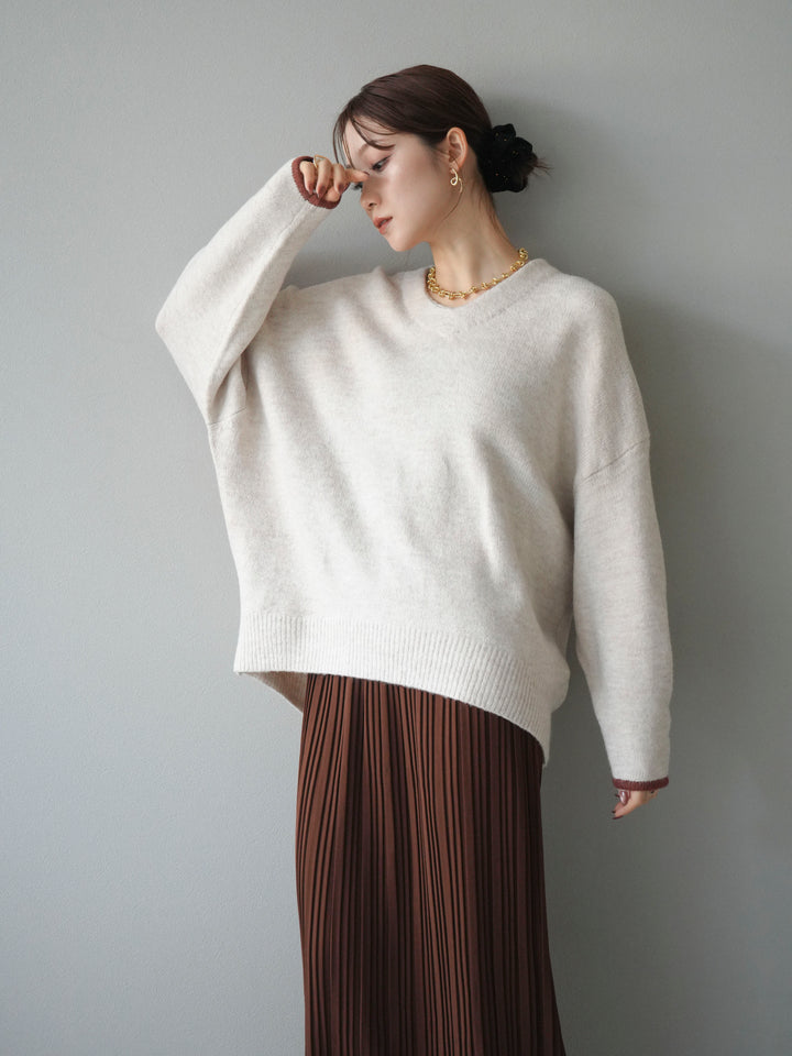 [SET]Vネック配色スリーブニットプルオーバー+選べるアクセセット(2set)