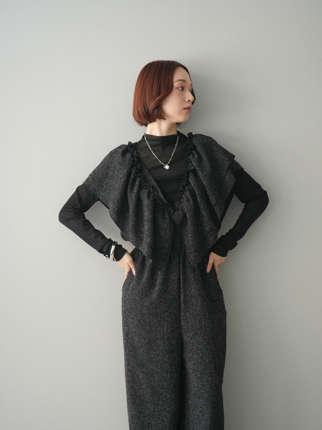 [SET]3WAYミックスツイードギャザーオールインワン+シアープチネックストレッチトップス(2set)