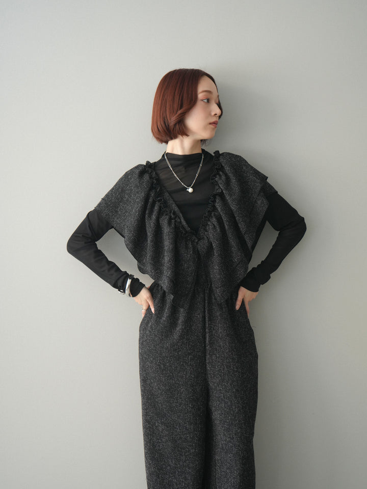 [SET]3WAYミックスツイードギャザーオールインワン+シアープチネックストレッチトップス(2set)