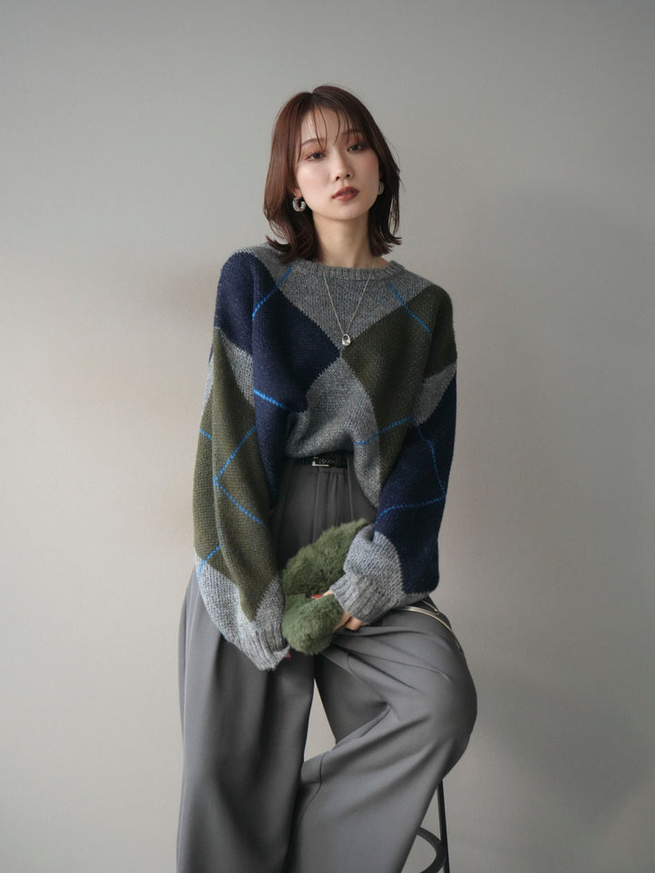 [SET]配色ステッチアーガイル柄ニットプルオーバー+選べるアクセセット(2set)