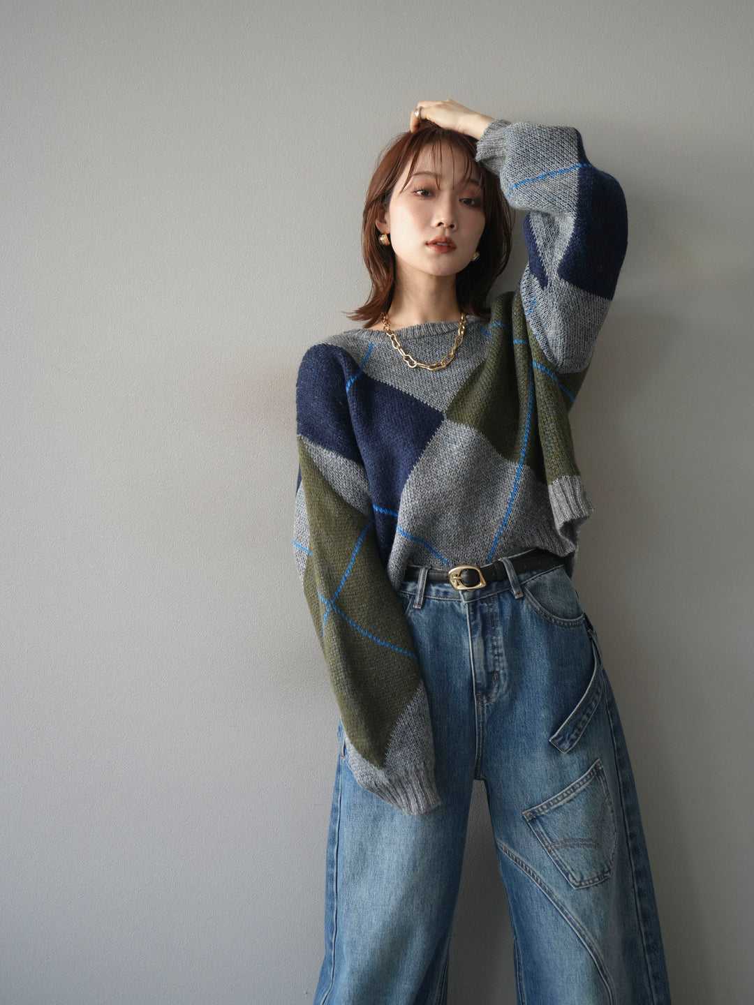 [SET]配色ステッチアーガイル柄ニットプルオーバー+配色ステッチアーガイル柄ニットプルオーバー(2set)